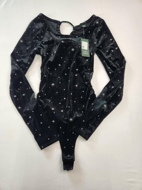 Wild Fable Womens Black Velour Galaxy One Shoulder Open Back Bodysuit Size M Fun
