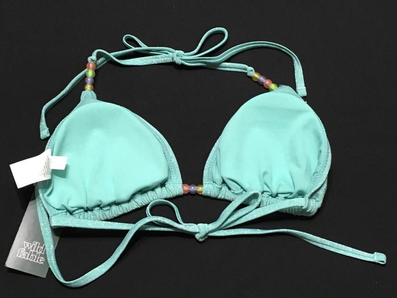 Wild Fable Womens M 8-10 Sparkle Aqua Beaded Strap Triangle Bikini Tie Top