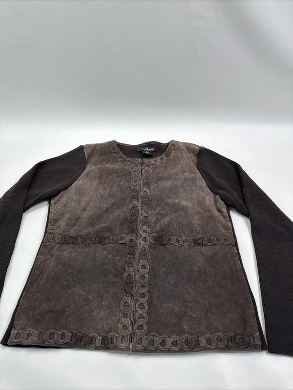 Willi Smith Brown Suede And Cotton Zip Front Sweater Jacket Womans Size Medium