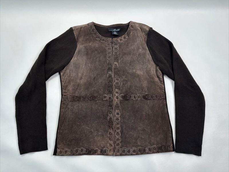 Willi Smith Brown Suede And Cotton Zip Front Sweater Jacket Womans Size Medium