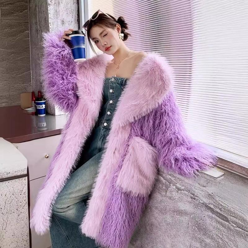 Winter Lapel Collar Womens Mid Long Faux Tibet Sheep Fur Coat Outwears Overcoats