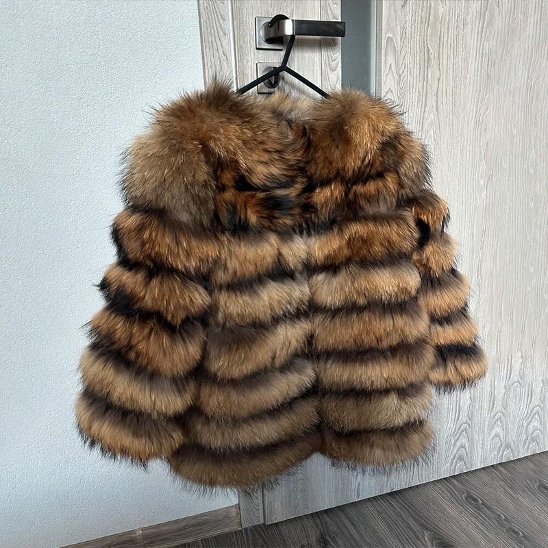 Winter Warm Real Fur Women O-Neck Coat Natural Raccoon Fur Collar Thick Jackets