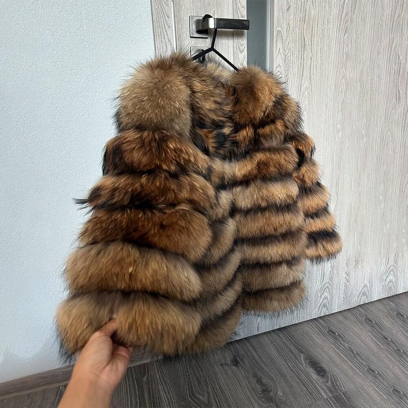 Winter Warm Real Fur Women O-Neck Coat Natural Raccoon Fur Collar Thick Jackets