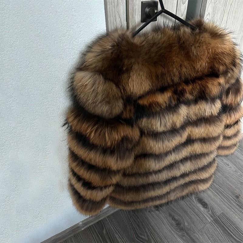 Winter Warm Real Fur Women O-Neck Coat Natural Raccoon Fur Collar Thick Jackets
