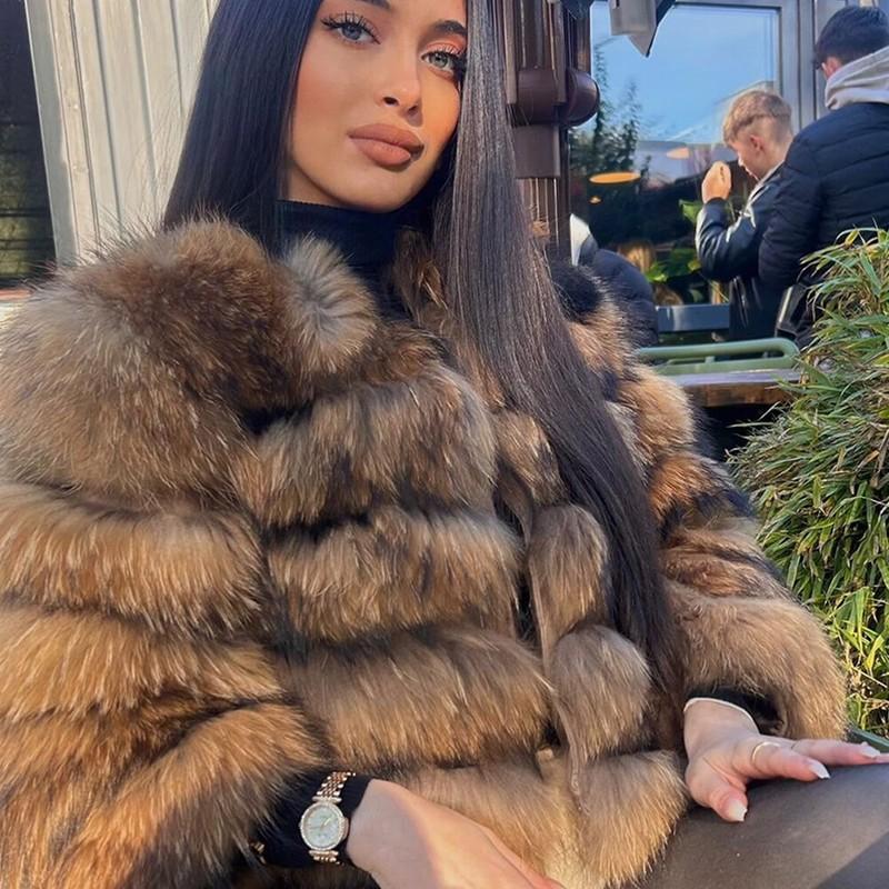 Winter Warm Real Fur Women O-Neck Coat Natural Raccoon Fur Collar Thick Jackets