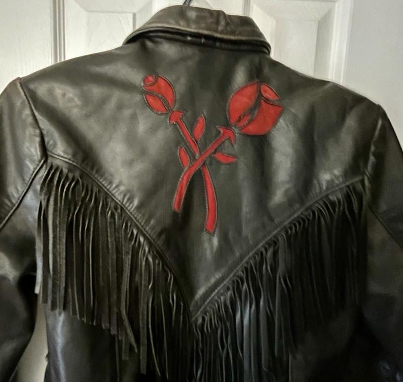 Wmns Sz10 Vintage Branded Garments Black Motorcycle Jacket Red Rose Inlay Corset