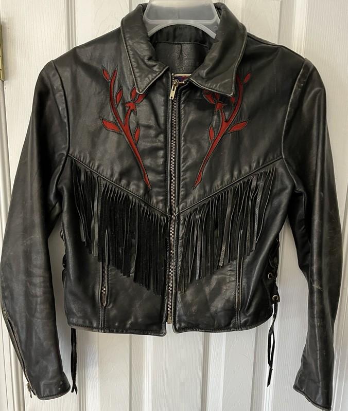 Wmns Sz10 Vintage Branded Garments Black Motorcycle Jacket Red Rose Inlay Corset
