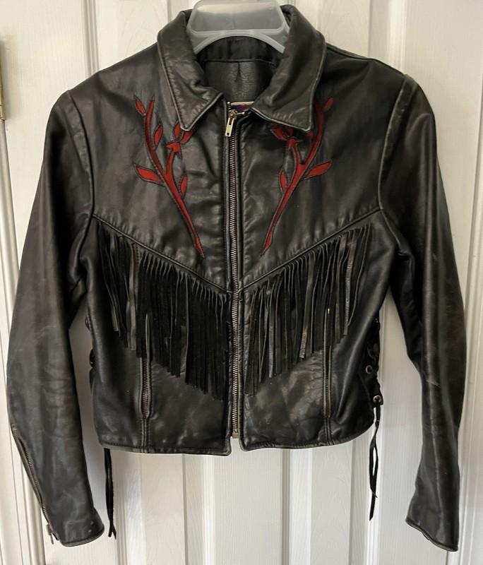 Wmns Sz10 Vintage Branded Garments Black Motorcycle Jacket Red Rose Inlay Corset