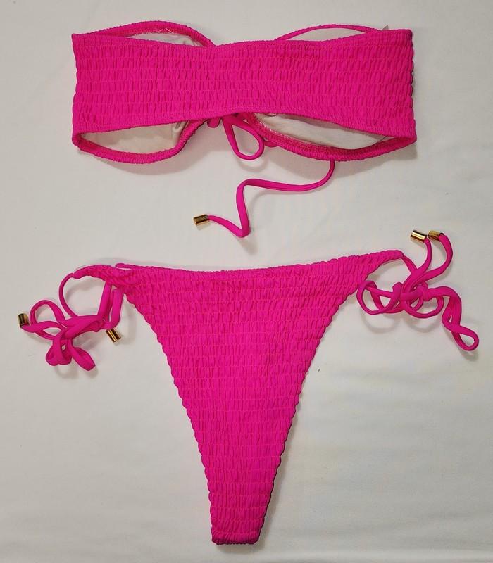 Woman Hot Pink Ruched Bikini Set Strapless & High Rise Waist Bottom Size S