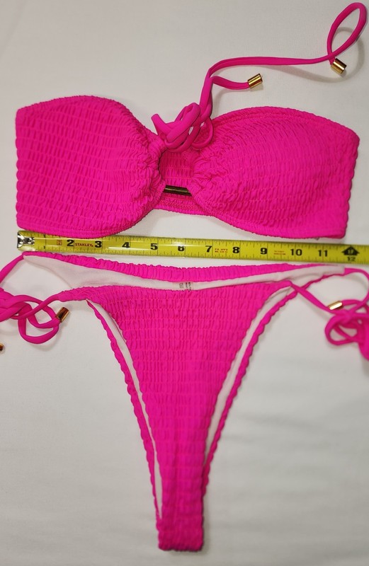 Woman Hot Pink Ruched Bikini Set Strapless & High Rise Waist Bottom Size S
