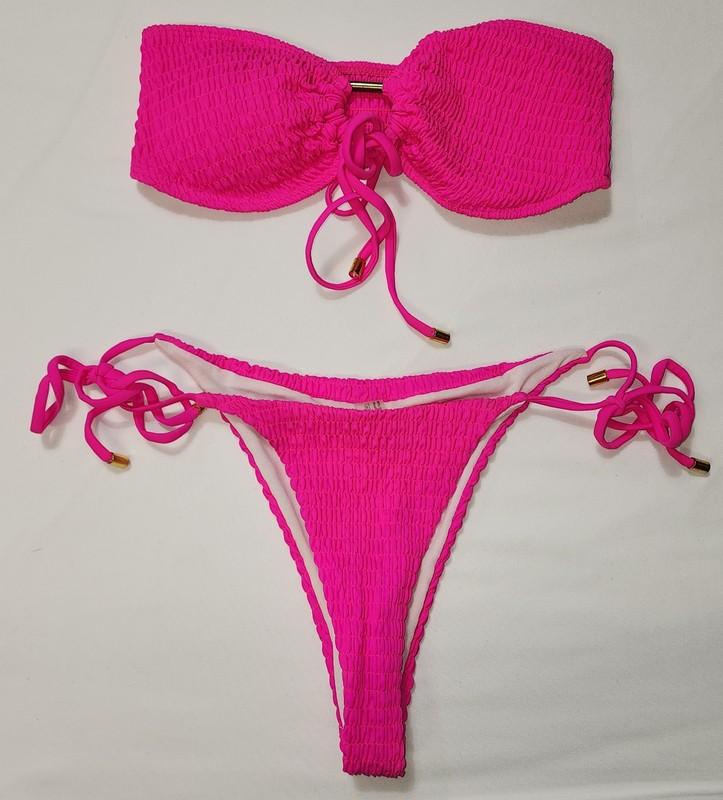Woman Hot Pink Ruched Bikini Set Strapless & High Rise Waist Bottom Size S