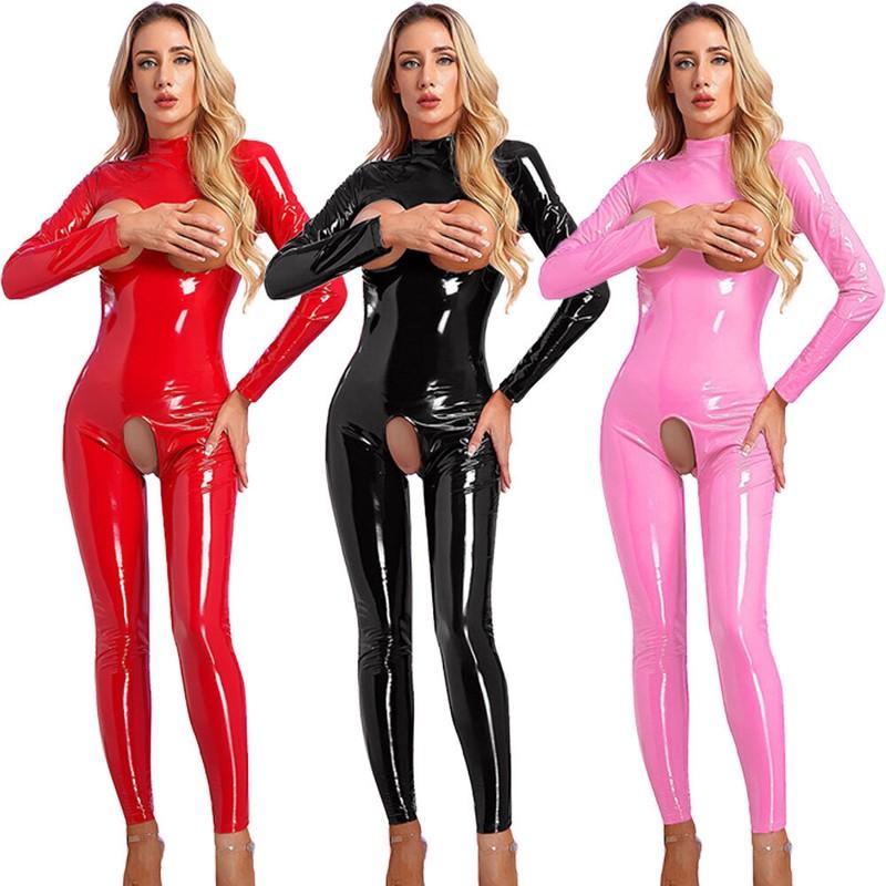 Woman Latex Catsuit Hollow Out Bodysuit Patent Leather Jumpsuit Bodycon Lingerie