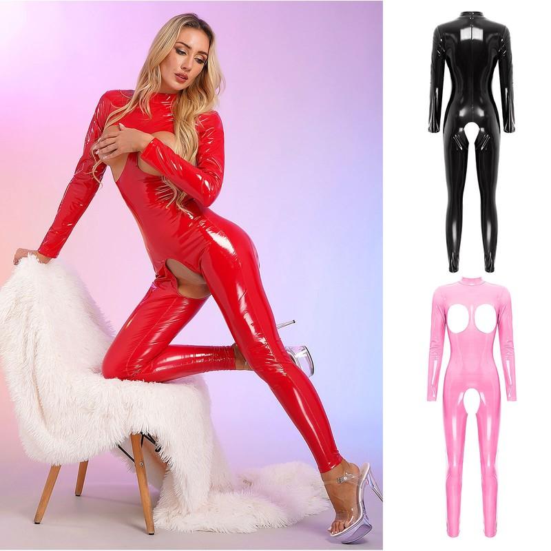 Woman Latex Catsuit Hollow Out Bodysuit Patent Leather Jumpsuit Bodycon Lingerie