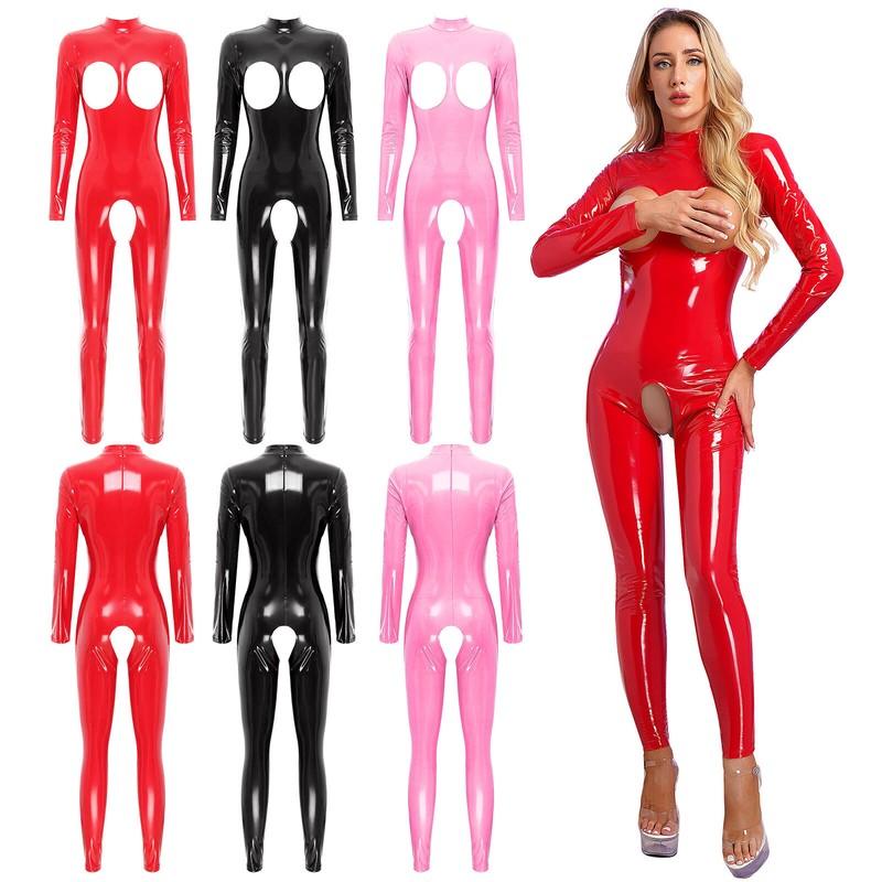 Woman Latex Catsuit Hollow Out Bodysuit Patent Leather Jumpsuit Bodycon Lingerie