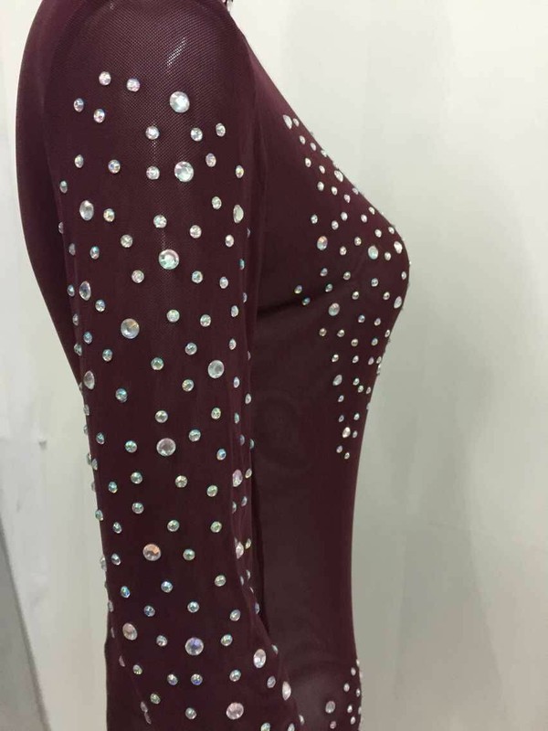 Woman Long Sleeve Mesh Bodysuit Rhinestone High Neck See Through Jumpsuit S-5XL