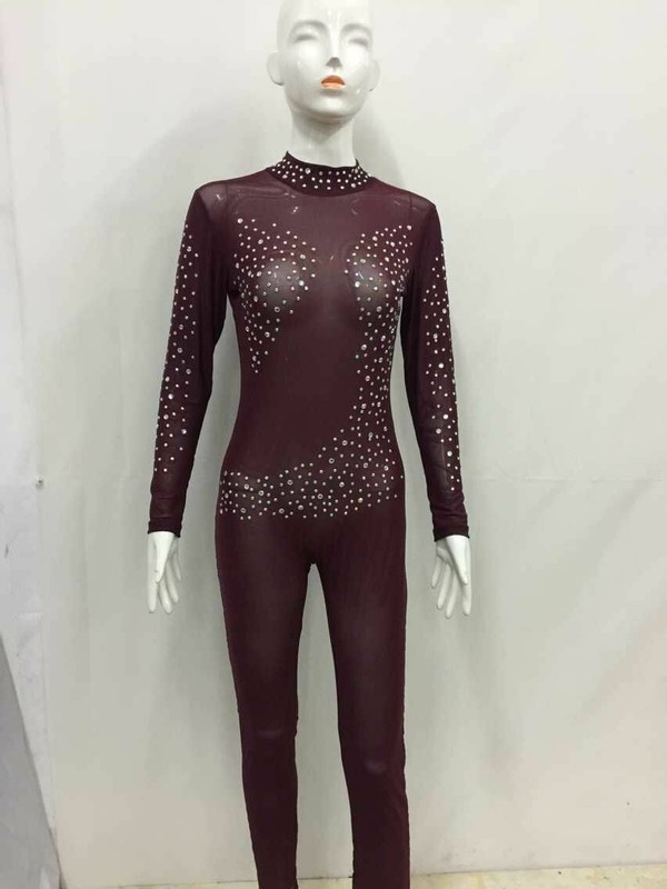 Woman Long Sleeve Mesh Bodysuit Rhinestone High Neck See Through Jumpsuit S-5XL