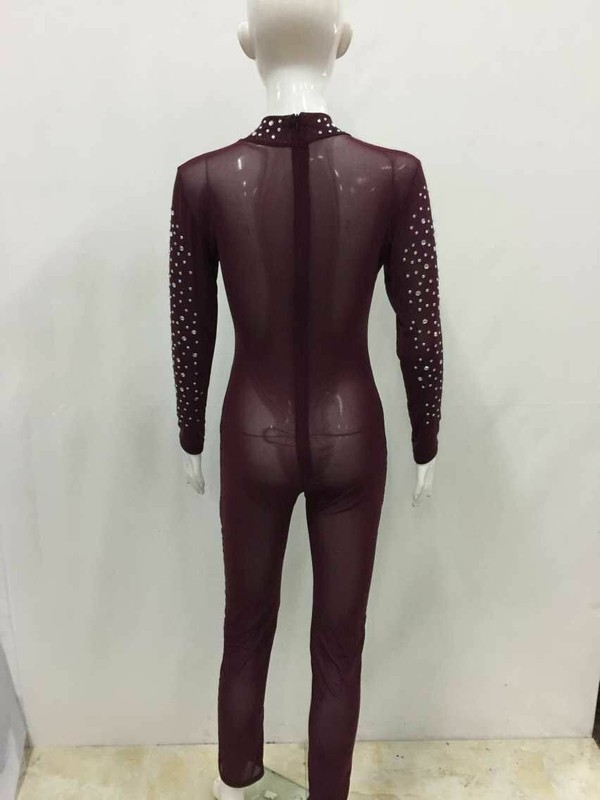 Woman Long Sleeve Mesh Bodysuit Rhinestone High Neck See Through Jumpsuit S-5XL