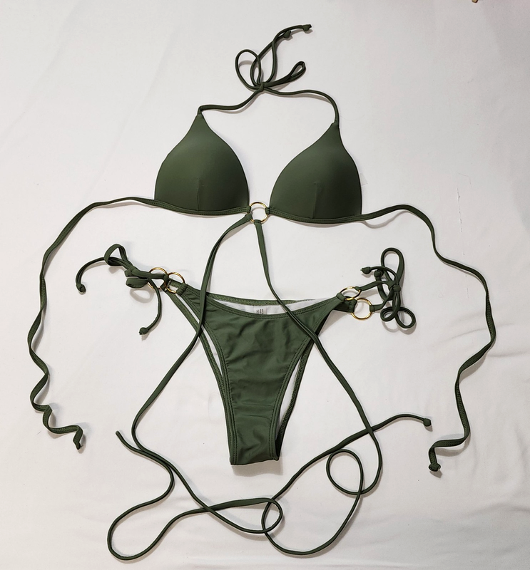 Woman Olive Green Bikini Set - Push up Top Strappy Size XS