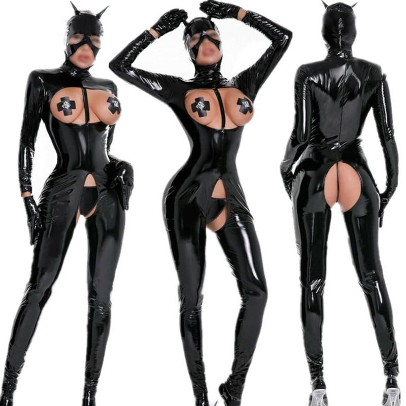 Woman Wetlook Latex One-piece Catsuit Jumpsuit Open Front Hollow Out Bodysuit