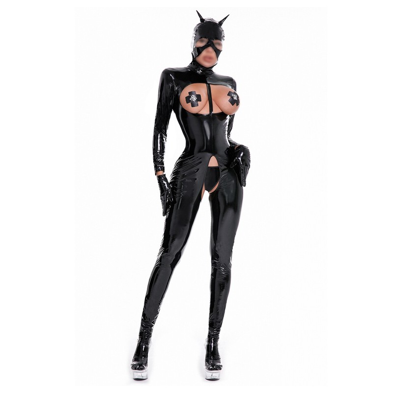 Woman Wetlook Latex One-piece Catsuit Jumpsuit Open Front Hollow Out Bodysuit