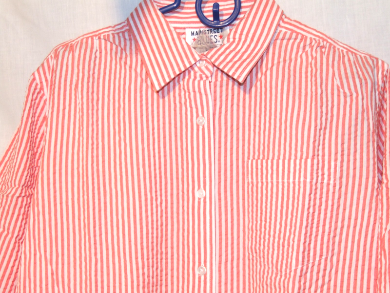 Woman Within Seersucker Bigshirt Button Tab SS Stripe Mango White 14 / 16 M