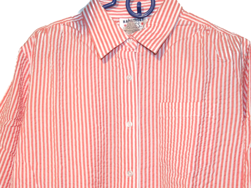 Woman Within Seersucker Bigshirt Button Tab SS Stripe Mango White 14 / 16 M