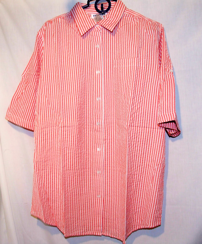 Woman Within Seersucker Bigshirt Button Tab SS Stripe Mango White 14 / 16 M