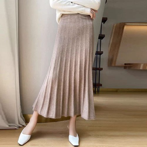 Women 100% Lamb Wool Long Skirt Knitted Wool Solid Color Pleated Fishtail Skirt