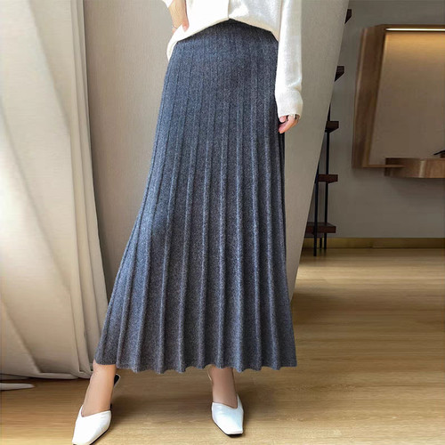 women 100% Lamb Wool Long Skirt Knitted Wool Solid Color Pleated Fishtail Skirt