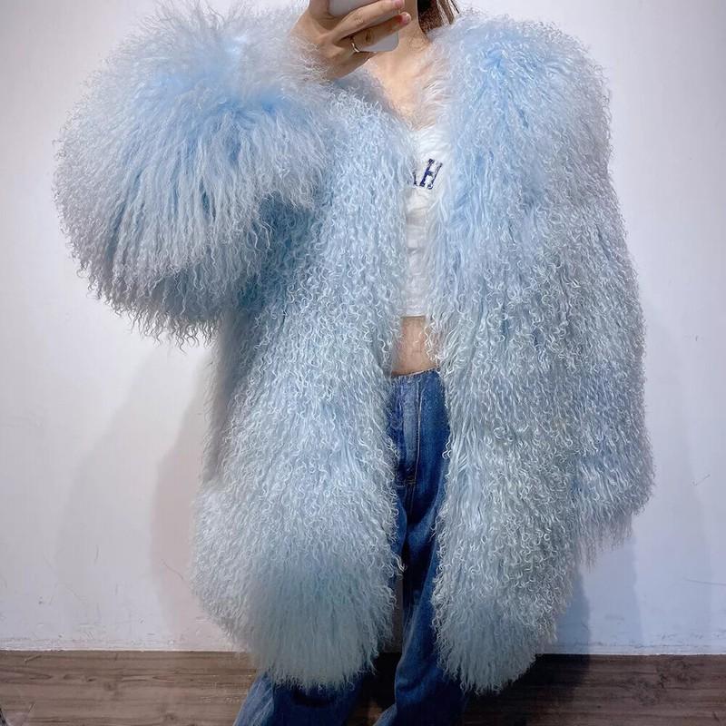 Women 100% Real Mongolian Lamb Fur Real Fur Mid-length Jacket Coat Warm Overcoat
