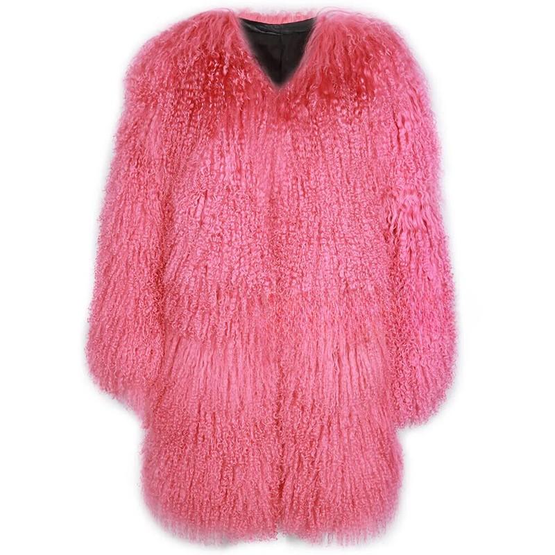 Women 100% Real Mongolian Lamb Fur Real Fur Mid-length Jacket Coat Warm Overcoat