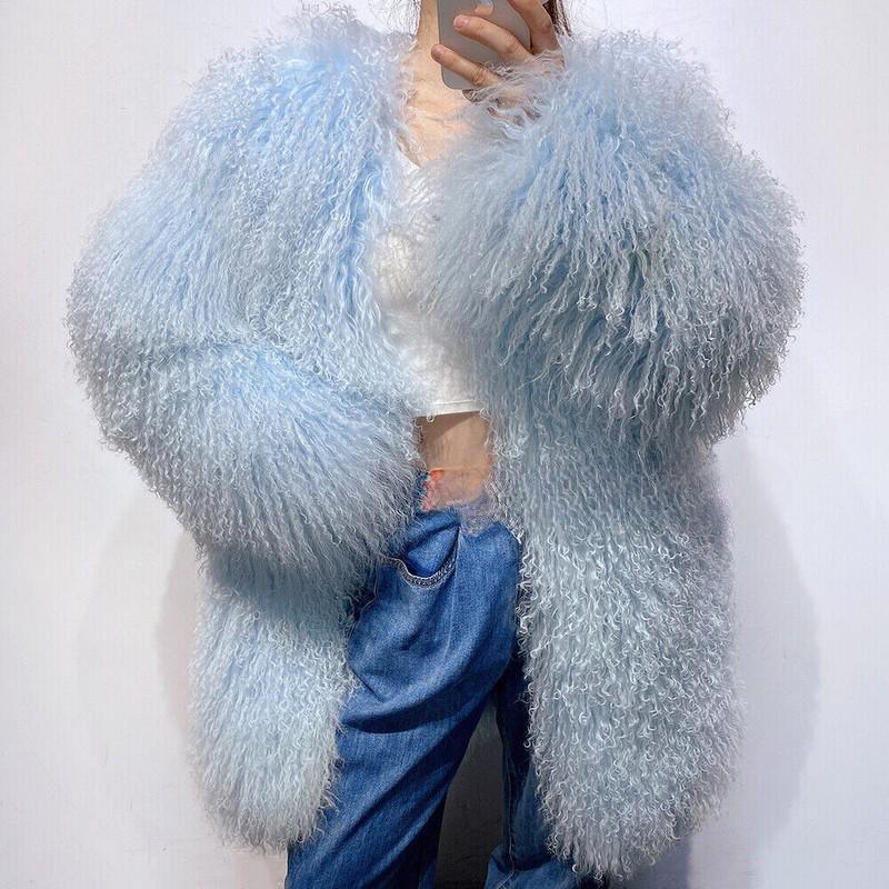 Women 100% Real Mongolian Lamb Fur Real Fur Mid-length Jacket Coat Warm Overcoat