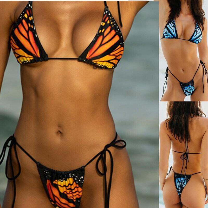 Women 2 Pcs Micro Bikini Set Lace Up Swimwear Beachwear Push Up Bra Bathing Suit