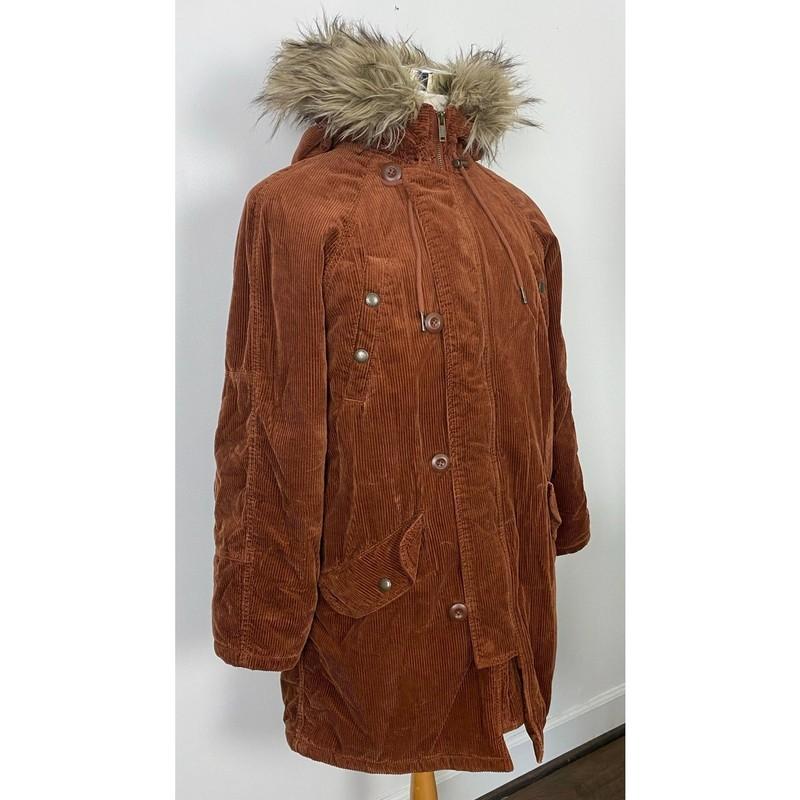 Women AEO American Eagle Corduroy Cotton Fur Hood Parka Coat Jacket M
