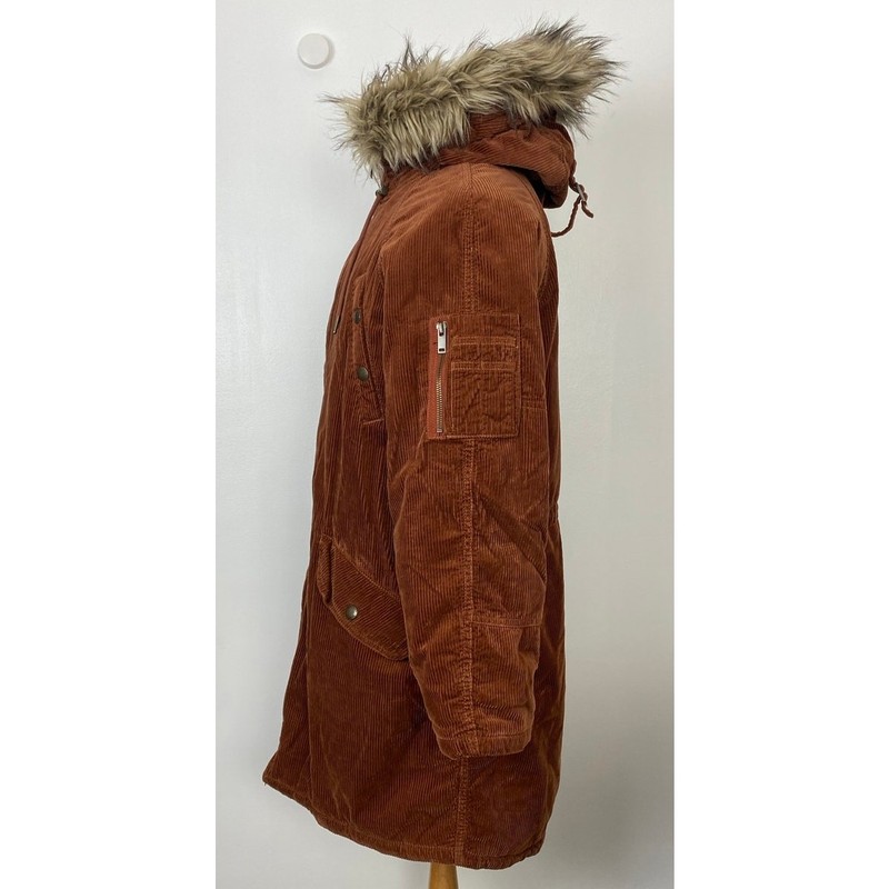 Women AEO American Eagle Corduroy Cotton Fur Hood Parka Coat Jacket M