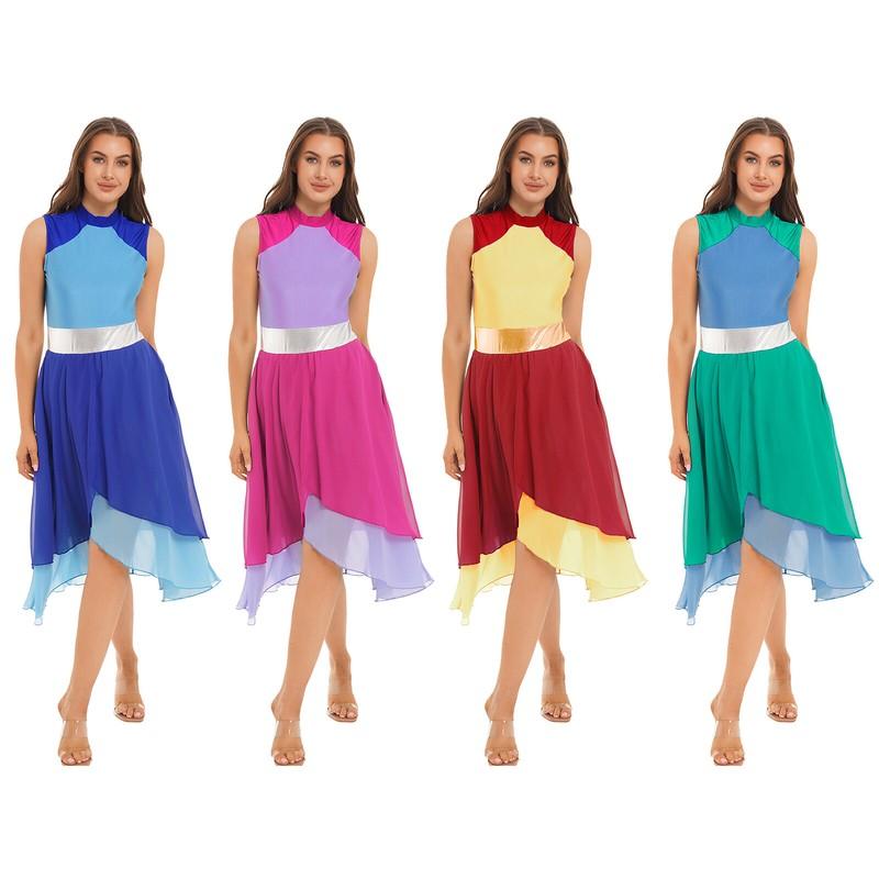 Women Asymmetrical Color Block Lyrical Dance Dresses Liturgical Praise Costume