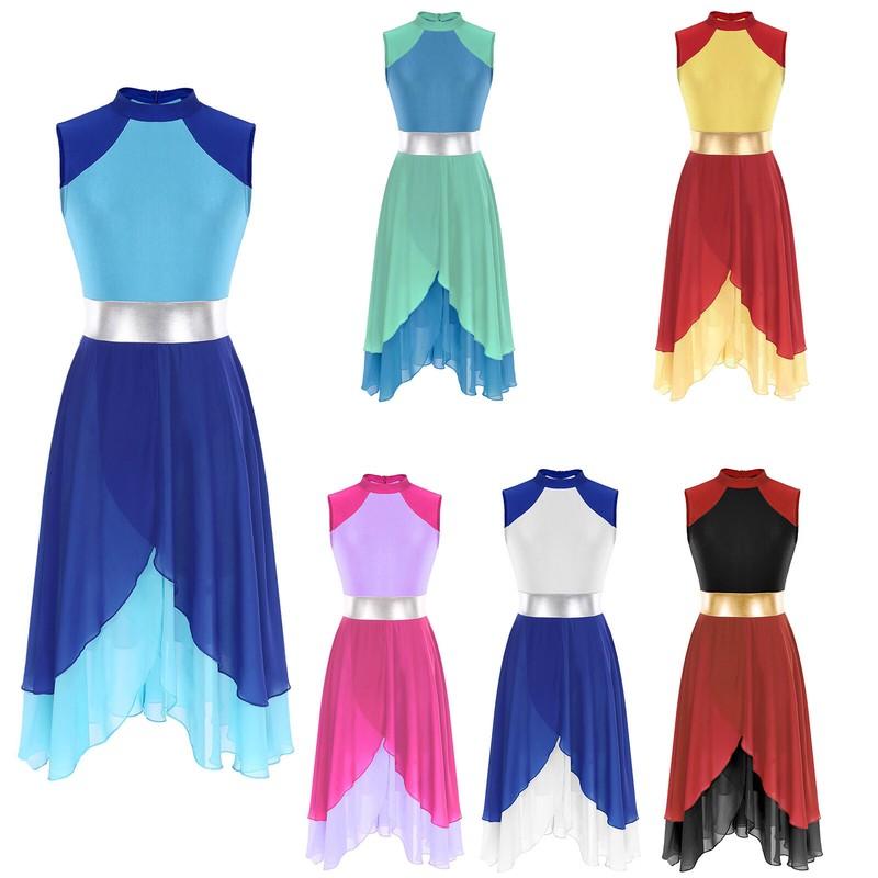 Women Asymmetrical Color Block Lyrical Dance Dresses Liturgical Praise Costume