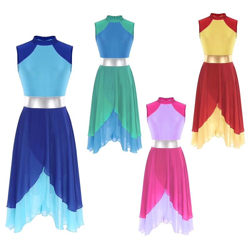 Women Asymmetrical Color Block Lyrical Dance Dresses Liturgical Praise Costume