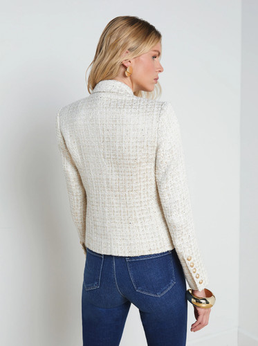 Women AUTH L'AGENCE Brooke Open-Front Tweed Blazer Coat Jacket Ivory Light Gold