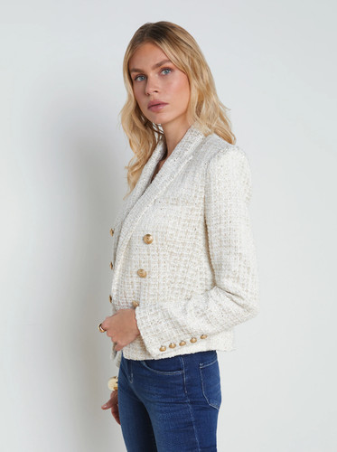 Women AUTH L'AGENCE Brooke Open-Front Tweed Blazer Coat Jacket Ivory Light Gold