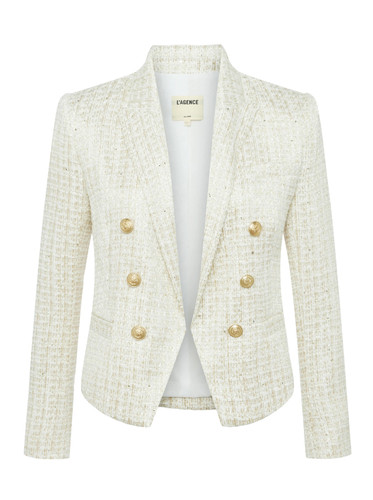 Women AUTH L'AGENCE Brooke Open-Front Tweed Blazer Coat Jacket Ivory Light Gold