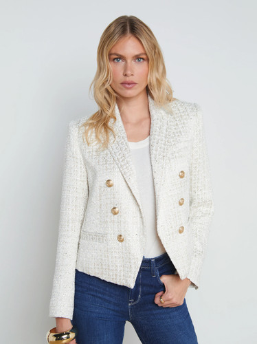 Women AUTH L'AGENCE Brooke Open-Front Tweed Blazer Coat Jacket Ivory Light Gold