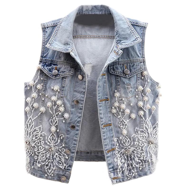 Women Beaded Embroidered Floral Denim Waistcoat Sleeveless Jean Vest Top Chic