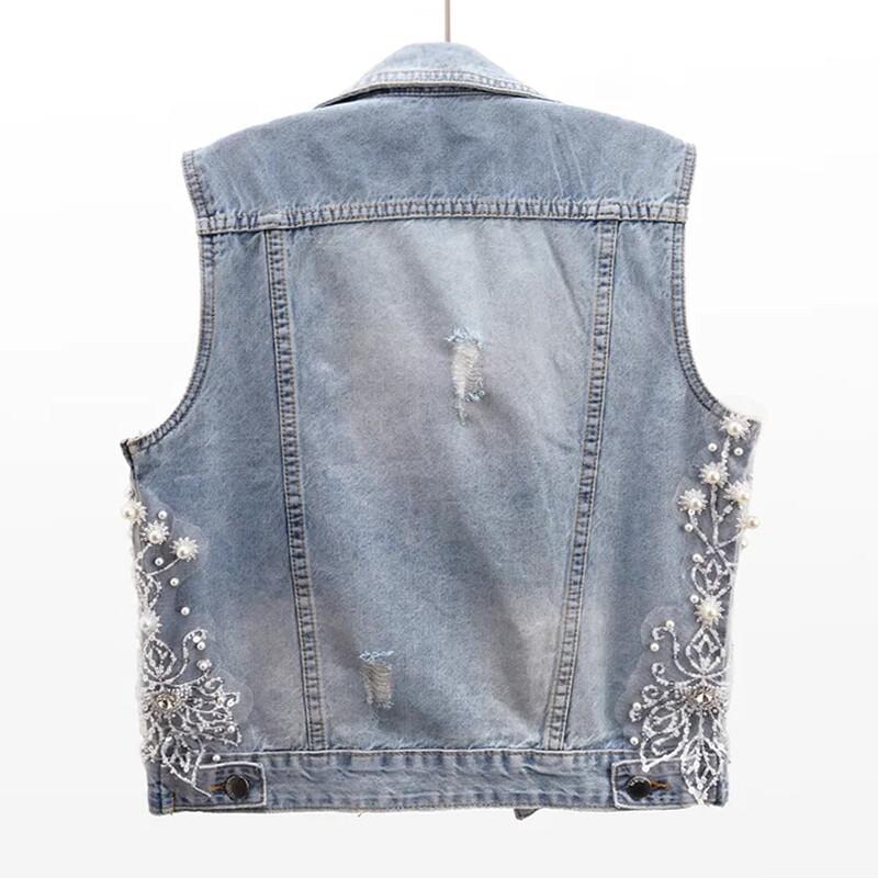 Women Beaded Embroidered Floral Denim Waistcoat Sleeveless Jean Vest Top Chic