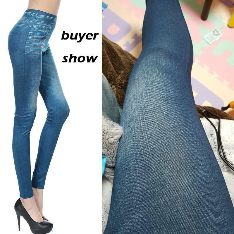 Women Blue Faux Denim Jeans High Waist Skinny Jeggings Leggings Pencil Pants