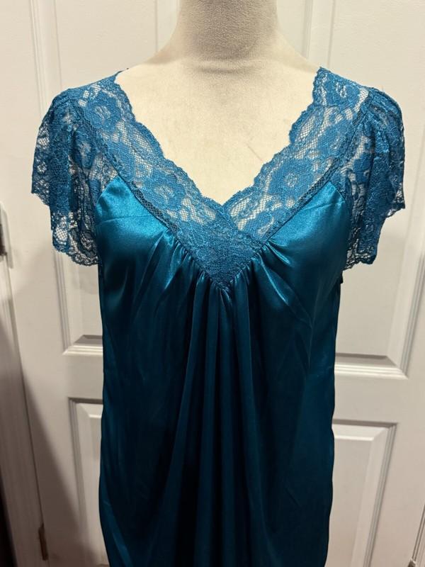 Women Blue Teal Silky Short Sleeve V Neck Lace Nightgown 2XL 40"Lx20"W