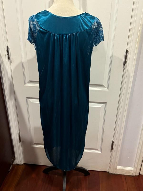 Women Blue Teal Silky Short Sleeve V Neck Lace Nightgown 2XL 40"Lx20"W
