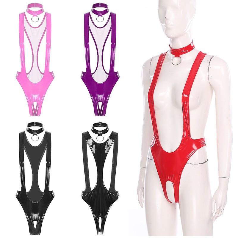 Women Bodysuit Nightclub Clubwear Patent Leather Jumpsuit Lingerie Lingerie