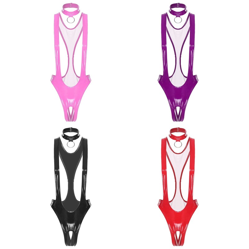 Women Bodysuit Nightclub Clubwear Patent Leather Jumpsuit Lingerie Lingerie