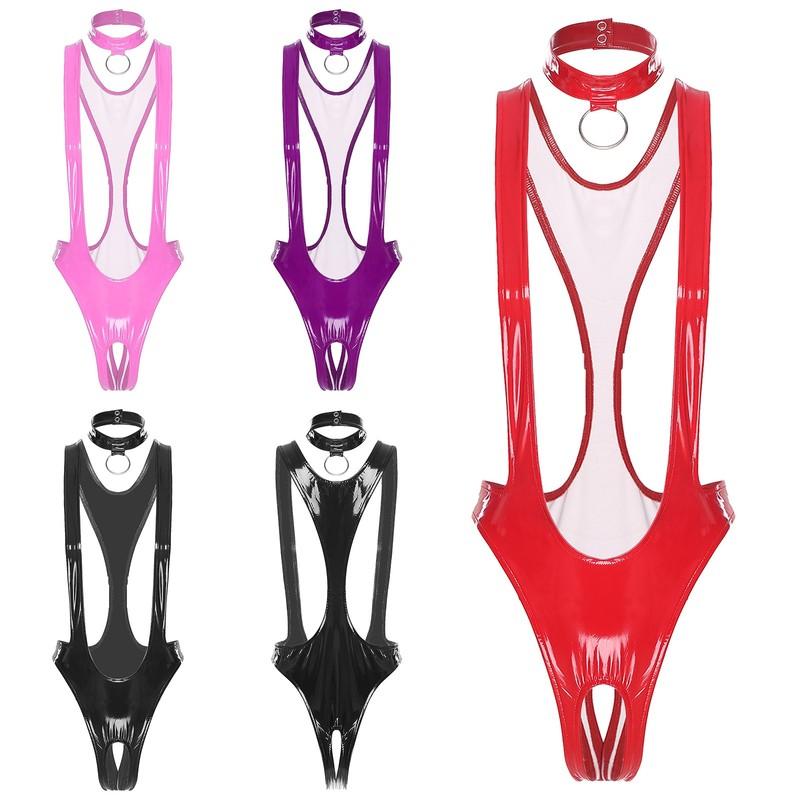 Women Bodysuit Nightclub Clubwear Patent Leather Jumpsuit Lingerie Lingerie